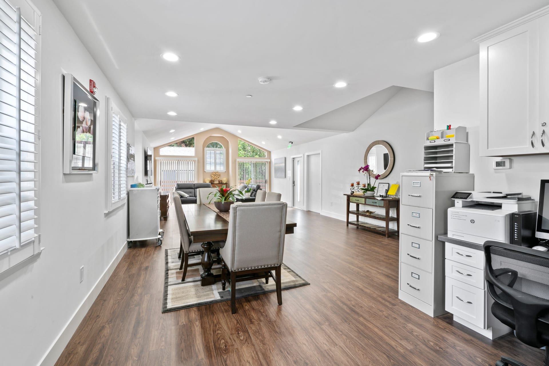 Open plan living dining and workspace with wide circulation novato
