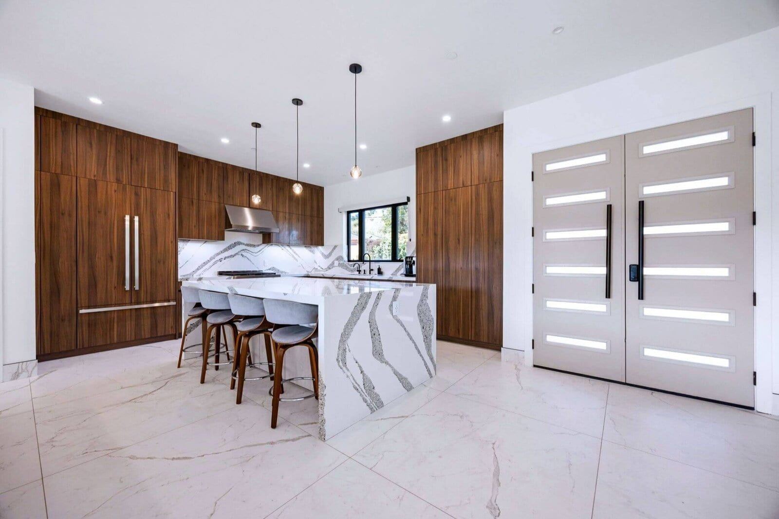 Luxury wood kitchen with waterfall island pacifica ca
