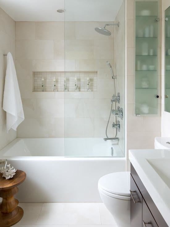 Contemporary Belmont bathroom with a frameless glass tub-shower