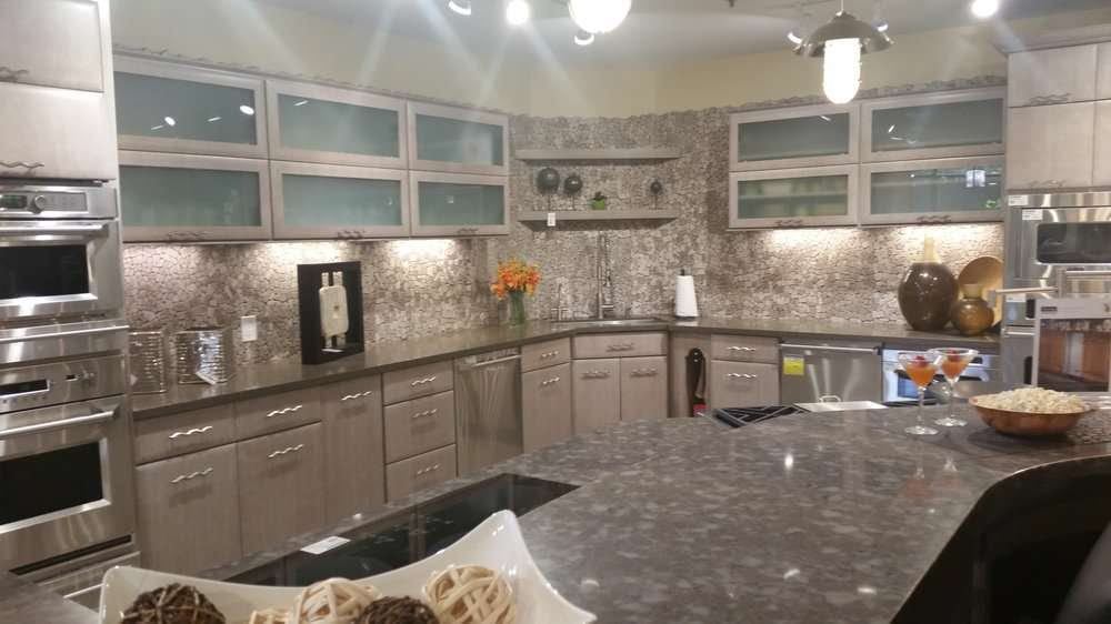 Contemporary gray kitchen with oversized island and mosaic backsplash san bruno