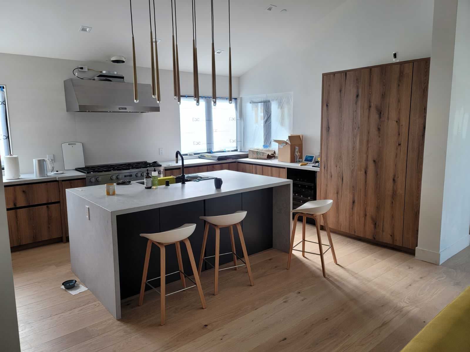 Contemporary wood kitchen with waterfall island san mateo