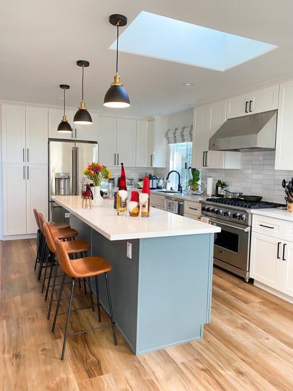 Transitional gray kitchen with dark wood island san francisco