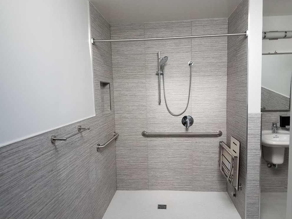 Accessible Roll-In Shower with Grab Bars and Folding Seat