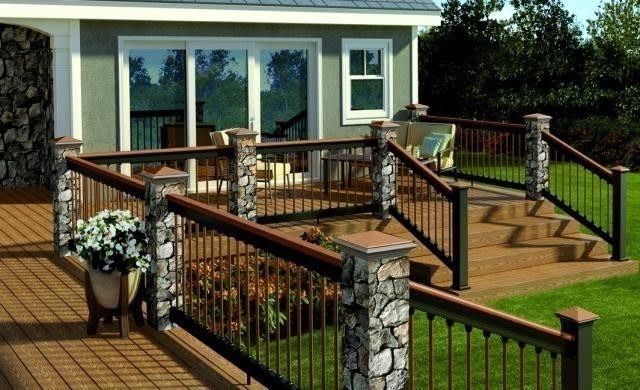 Elevated Wood Deck with Stone Columns and Metal Railings