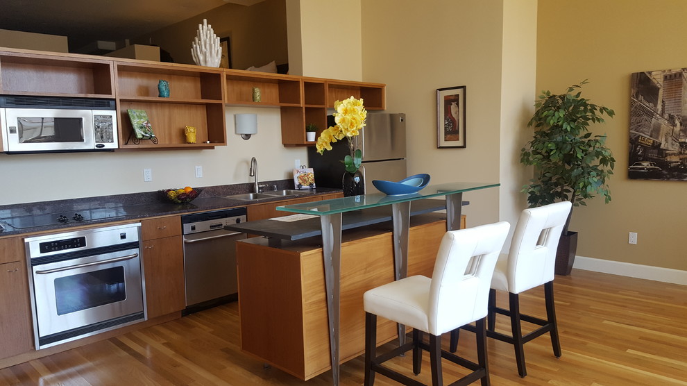 Loft Kitchenette with Glass Breakfast Bar and Open Shelving