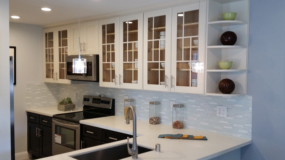 Black and White Kitchen with Glass-Front Cabinets