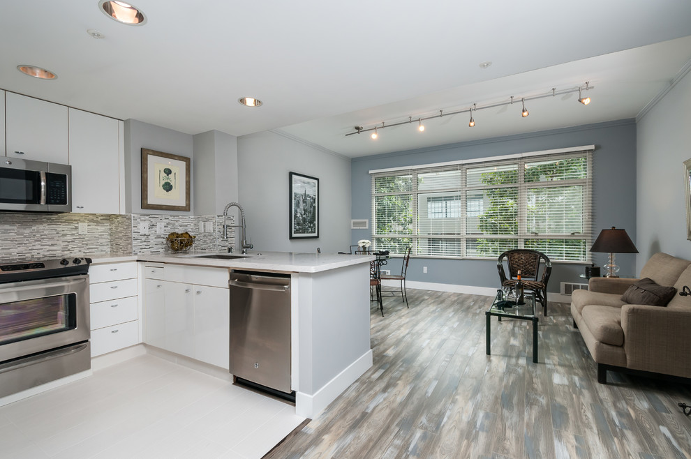 Open-Plan White Kitchen and Living Room with Gray Finishes