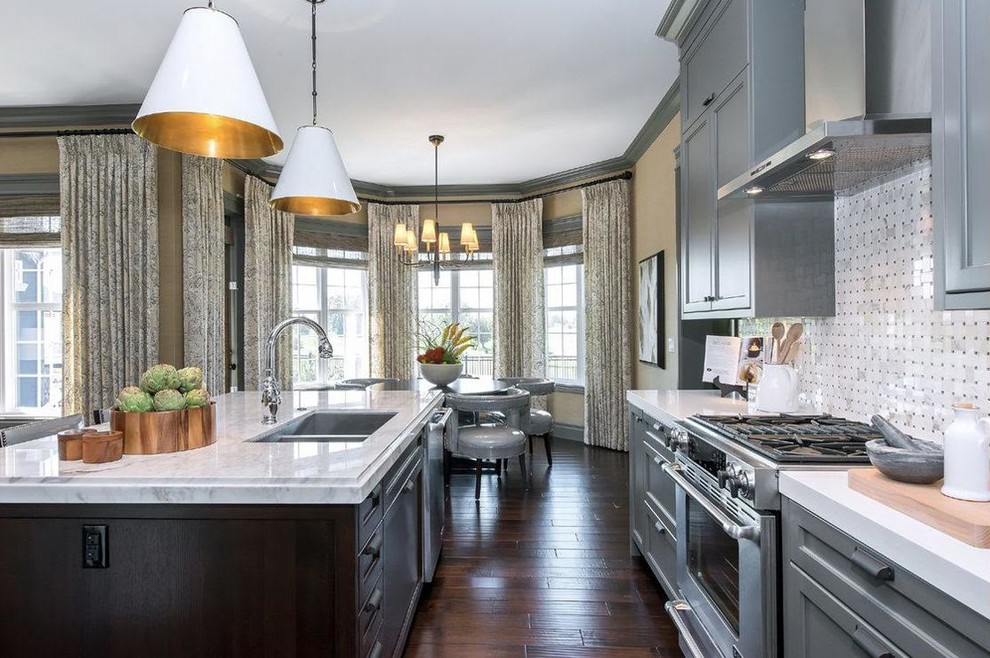 Transitional Gray Kitchen with Island and Bay-Window Dining Area