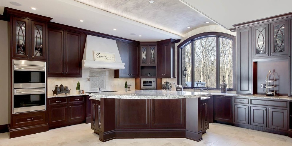 Traditional Dark Wood Kitchen with Arched Picture Window