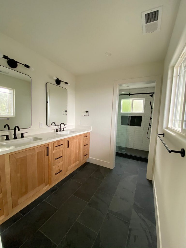 Primary Bathroom with Wood Double Vanity and Walk-In Shower