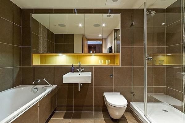 Contemporary Brown Bathroom with Tub and Glass Shower