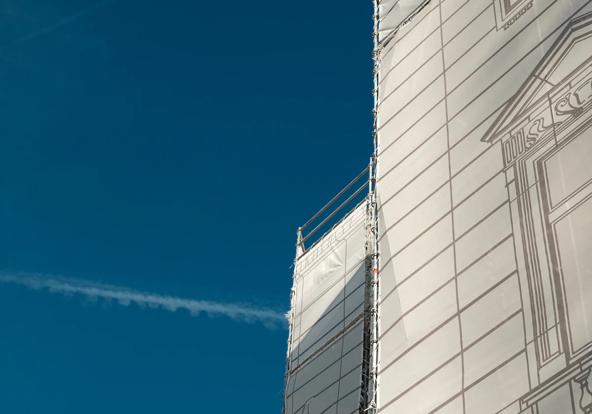 Protected building facade during construction