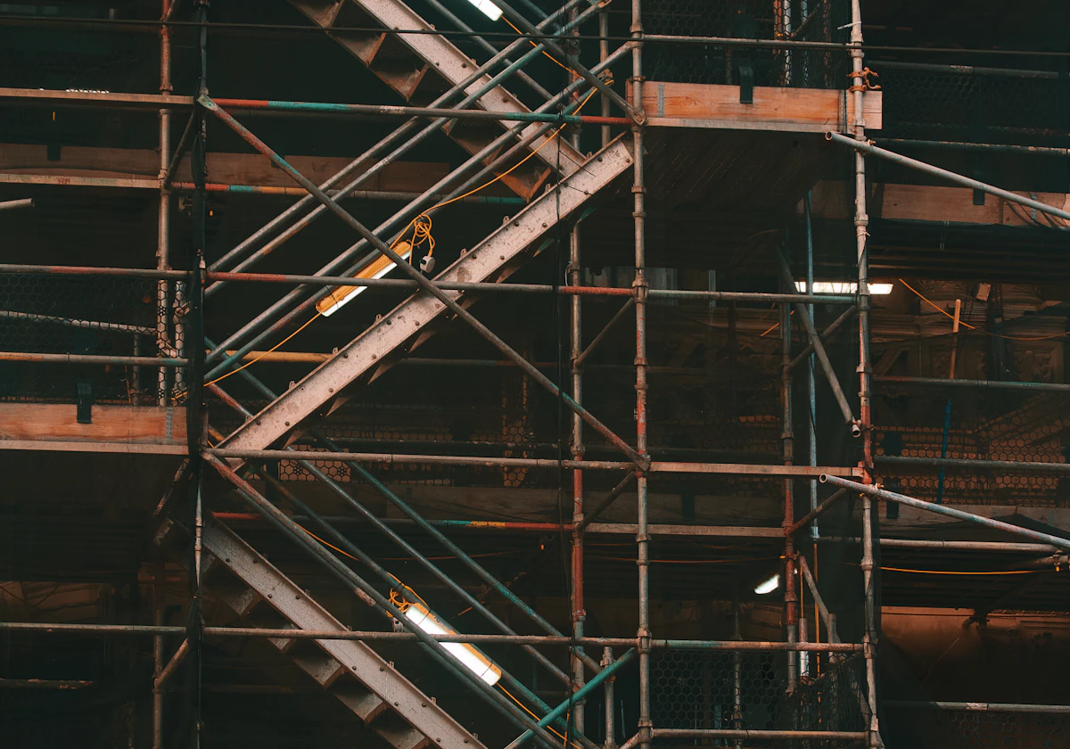 Temporary scaffold stairs inside a construction structure
